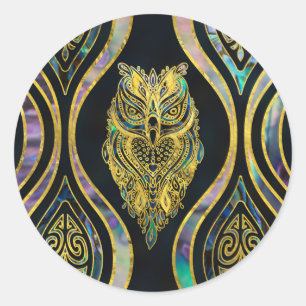 Gold Tribal Owl auf Boho Abalone Muster Runder Aufkleber
