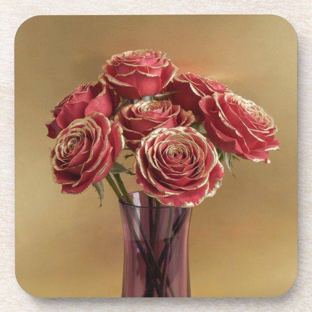 Gold Trimmte Rote Rosen Untersetzer Set (Vorderseite)