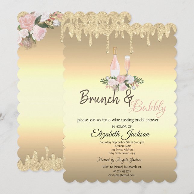 Gold Tropfen Brunch & Bubbly Blume Brautparty Einladung (Vorne/Hinten)