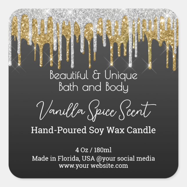 Gold Tropfen Glitzer Flasche Kerzenhalterung Produ Quadratischer Aufkleber (Vorderseite)
