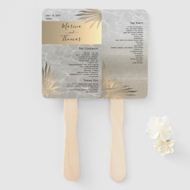 Gold Tropical Beach Hochzeitsprogramm Hand Fan Fächer (Vorne und Hinten)