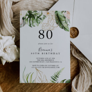 Gold Tropical Foliage Floral 80. Geburtstagsparty Einladung