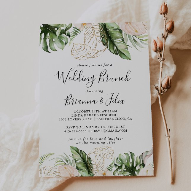 Gold Tropical Foliage Floral Wedding Brunch Einladung (Von Creator hochgeladen)