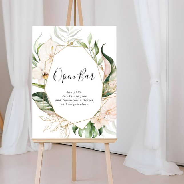 Gold Tropical Foliage Floral Wedding Open Bar Sign Poster (Von Creator hochgeladen)