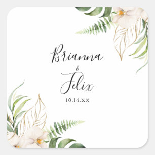 Gold Tropical Foliage Floral Wedding Umschlag Aufk Quadratischer Aufkleber
