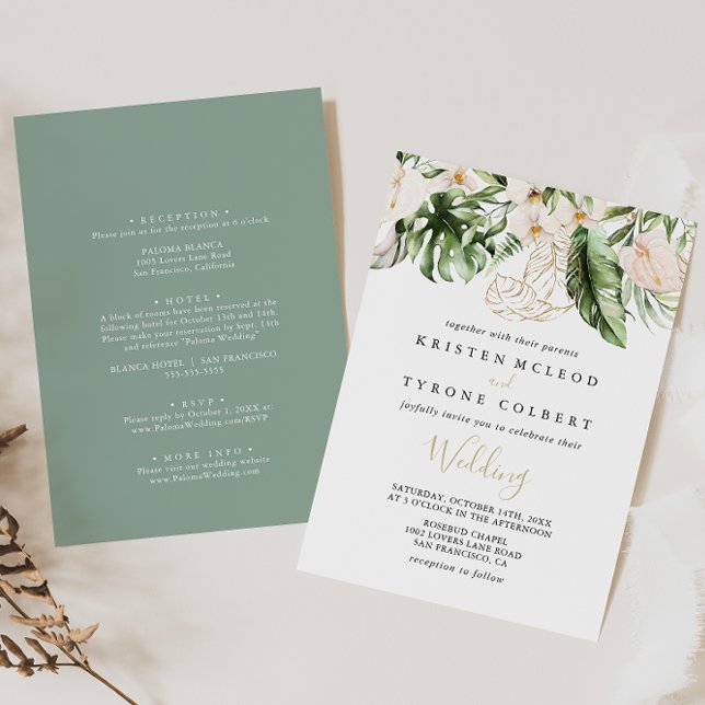 Gold Tropical Foliage Front & Back Wedding Einladung (Von Creator hochgeladen)