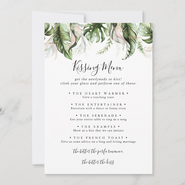 Gold Tropical Green Wedding Kissing Menu Game Card (Vorderseite)