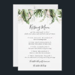 Gold Tropical Green Wedding Kissing Menu Game Card<br><div class="desc">Diese goldgrüne Hochzeitskissingkarte eignet sich perfekt für einen modernen Hochzeitsempfang. Das Design besteht aus handbemalten Aquarellgolden,  grünen Blätter aus Palmen und Bananen mit rosafarbenen Blume,  die in hübschen Bouquets angeordnet sind.</div>