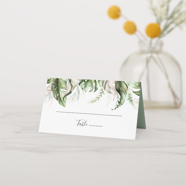 Gold Tropical Greenerity Wedding Platzkarte (Vorderseite)