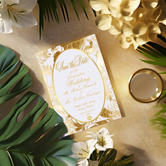 Gold Tropical Hochzeit in Urlaubsort Save the Date RSVP Karte (Stunning and Elegant Formal Destination Wedding Tropical Gilded Gold Monstera Leaf Save the Date  )