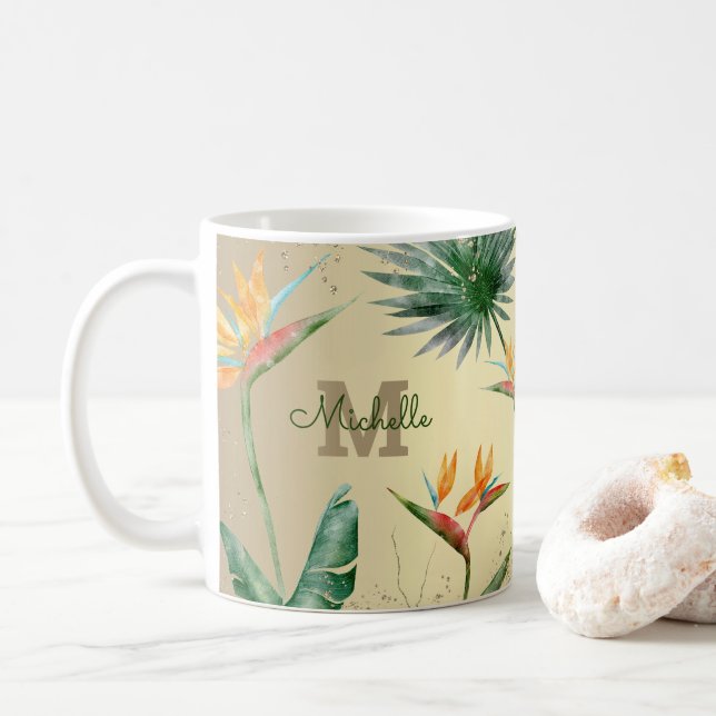 Gold Tropical Palm Foliage Floral Monogram Script Kaffeetasse (Mit Donut)