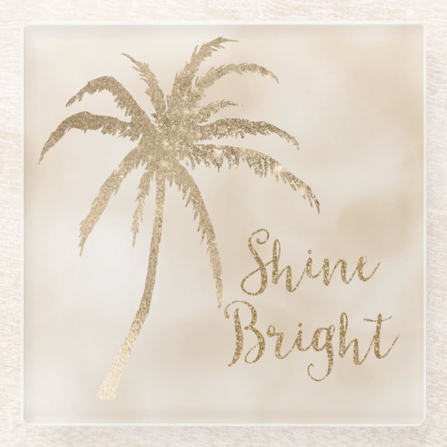 Gold Tropical Palm Tree Shine Bright Glitzer Glasuntersetzer (Vorderseite)