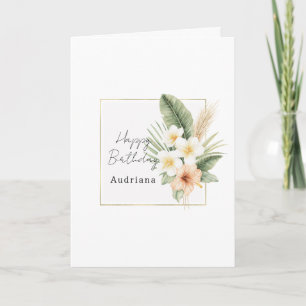 Gold Tropical Pfirsich Weiße Florale Geburtstag Karte