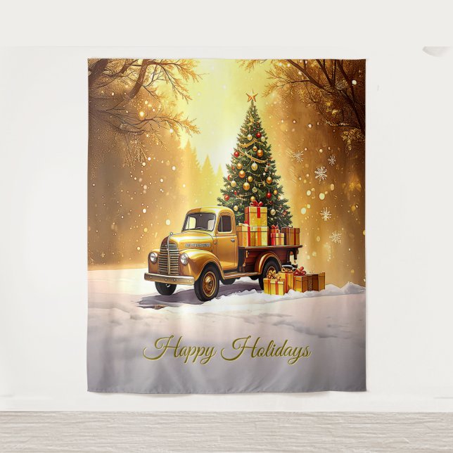 Gold Truck Christmas Tree Holiday Backdrop Wandteppich (Vorderseite)