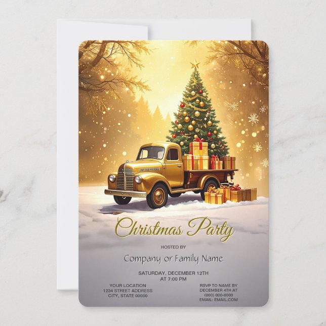 Gold Truck Christmas Tree Holiday Party Invitation Einladung (Vorderseite)