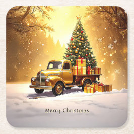 Gold Truck Weihnachtsbaum Weihnachtspapier Unterse Rechteckiger Pappuntersetzer
