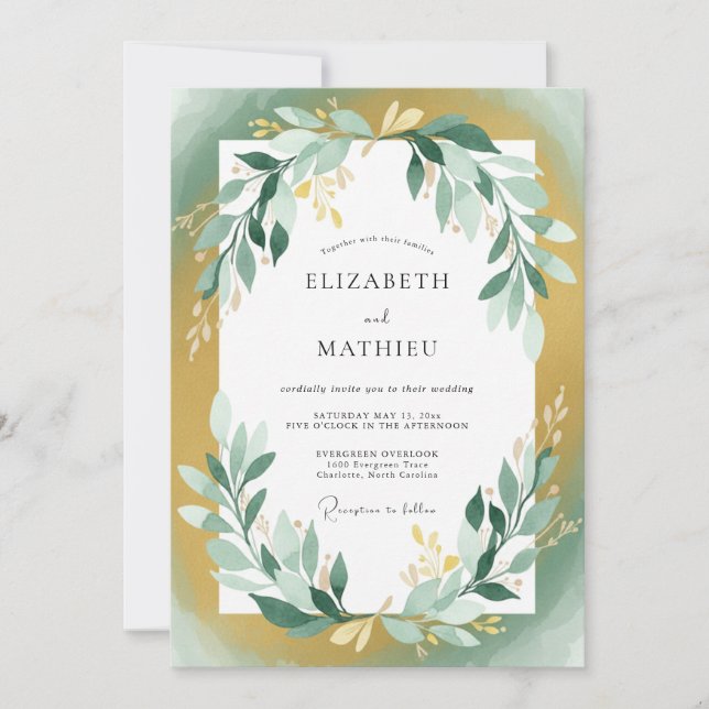 Gold Türkis Blatt Hochzeit Einladung (Vorderseite)