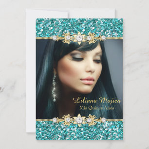 Gold Türkis Glitter & Juwel Bogen Quinceanera Einladung