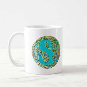 Gold, Türkis Monogramm S und farbenfrohe Blumen Kaffeetasse