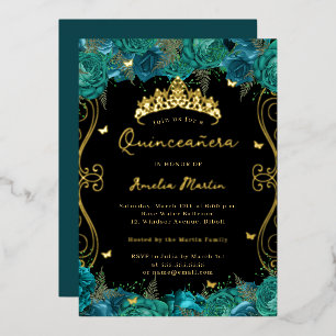 Gold Türkis Schwarze Wirbel Scroll Florale Quincea Folieneinladung
