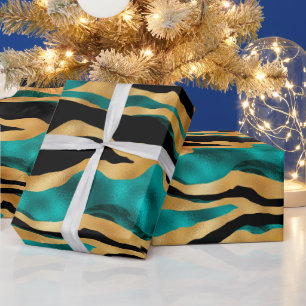 Gold Türkis Tiger Streifen Glamouröser abstrakte Geschenkpapier