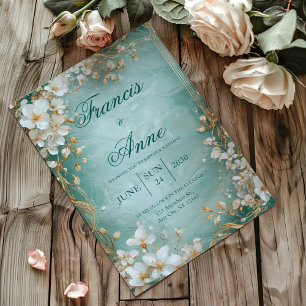 Gold Türkis Weiß Floral Marmoriert Frühjahrs Hochz Einladung
