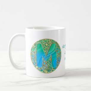 Gold, Türkisletter M und farbenfrohe Blumen Kaffeetasse