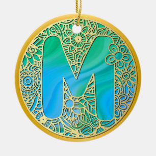 Gold, Türkisletter M und Farbige Blumen Keramik Ornament