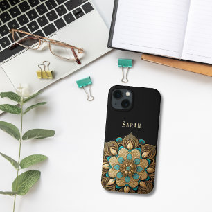 Gold Turquoise Lotus Flower Black Case-Mate iPhone Hülle