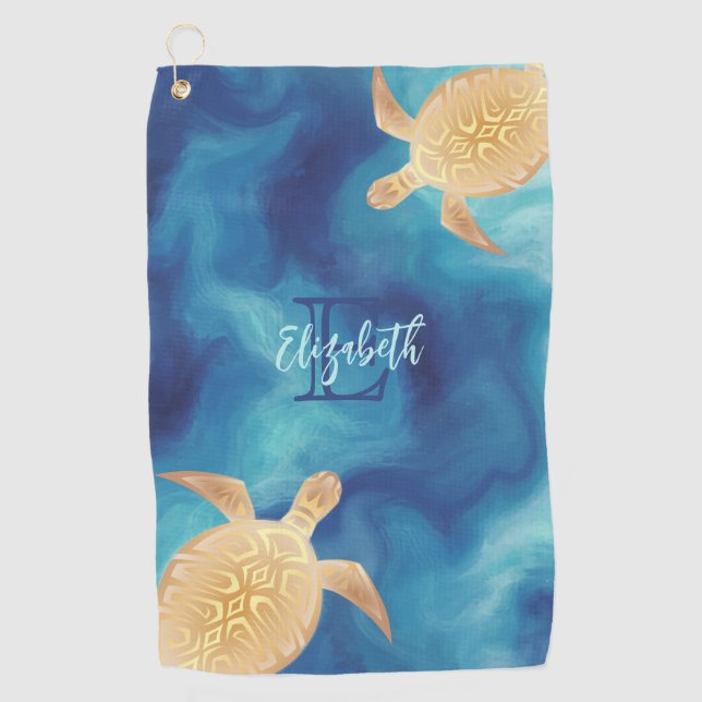 Gold Turtle Blue Watercolor Monogram Beach Golfhandtuch (Vorderseite)