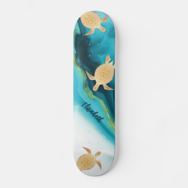 Gold Turtle Tribal Aquamarin Tinte Agate Monogramm Skateboard (Vorderseite)