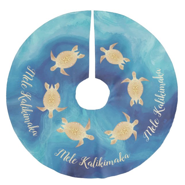 Gold Turtles Blue | Mele Kalikimaka | Polyester Weihnachtsbaumdecke (Vorderseite)