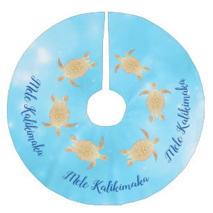 Gold Turtles Mele Kalikimaka Blue Bokeh Polyester Weihnachtsbaumdecke