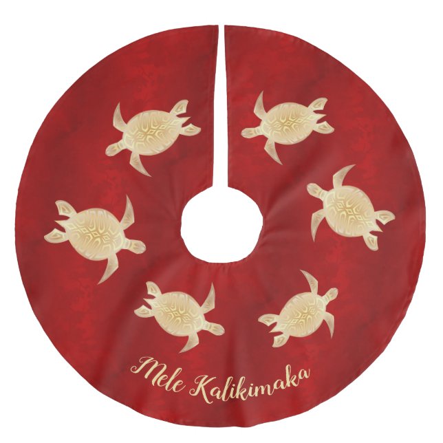 Gold Turtles Mele Kalikimaka Red Polyester Weihnachtsbaumdecke (Vorderseite)