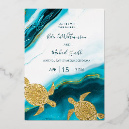 Gold Turtles Teal Ink Agate Wedding   Folieneinladung