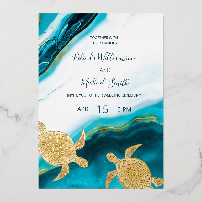 Gold Turtles Teal Ink Agate Wedding   Folieneinladung (Vorderseite)