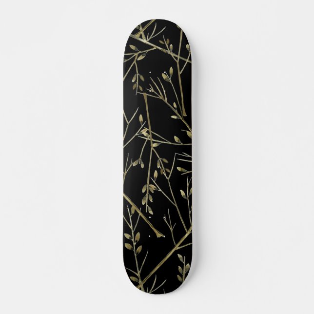 Gold Twigs auf schwarz Skateboard (Vorne)
