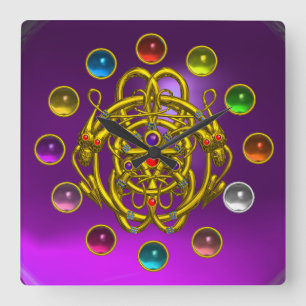 GOLD TWIN DRAGONS DRUCKTE FARBEN GEMSTONS QUADRATISCHE WANDUHR