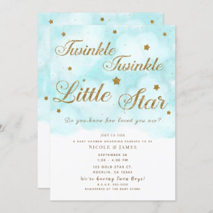 Gold Twinkle Stars & Blue Sky Clouds Babydusche Einladung