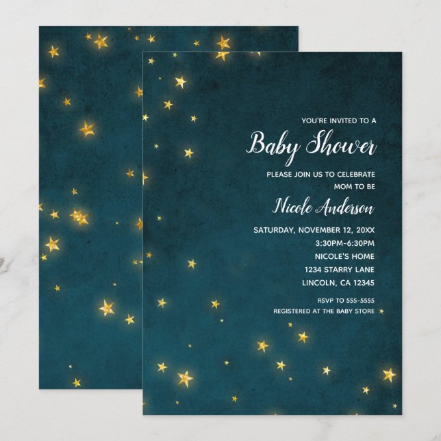 Gold Twinkle Stars Celestial Sky Baby Dusche Einladung (Vorne/Hinten)