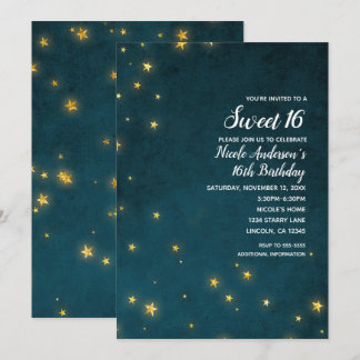 Gold Twinkle Stars Celestial Sky Sweet 16 Party Einladung