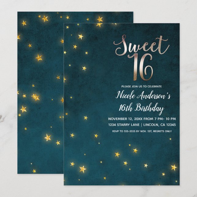 Gold Twinkle Stars Celestial Sky Sweet 16 Party Einladung (Vorne/Hinten)