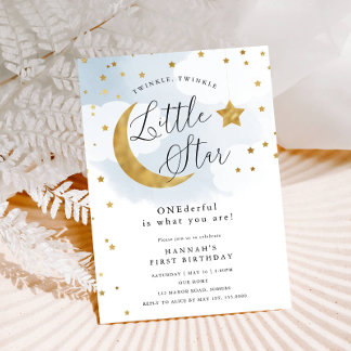 Gold Twinkle Stars, ONEderful Blue First Birthday Einladung