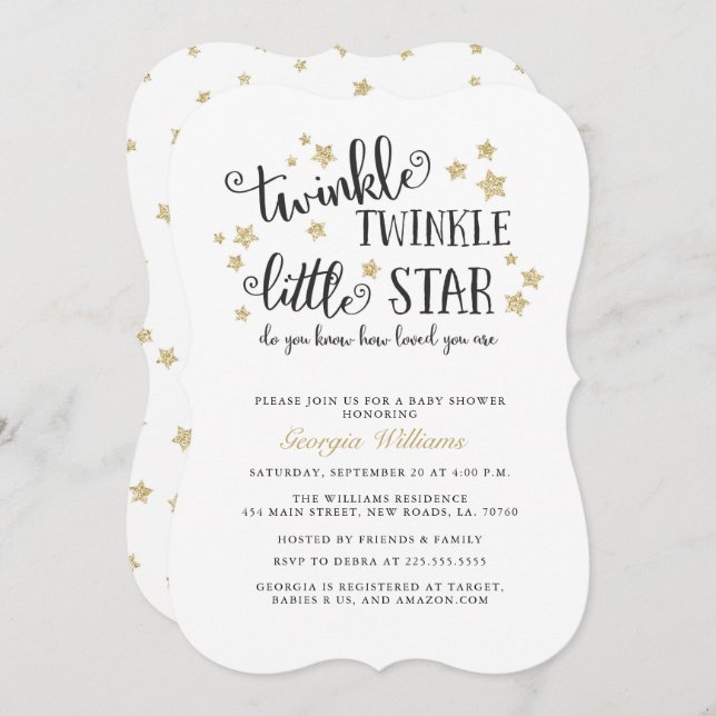 Gold Twinkle Twinkle Little Star Baby Dusche Einladung (Vorne/Hinten)