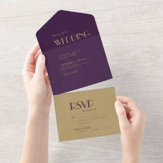 Gold Typ Deco | Dunkle Purpur Hochzeit All In One Einladung