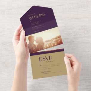 Gold Type Deco   Dunkelviolette Foto-Hochzeit All In One Einladung