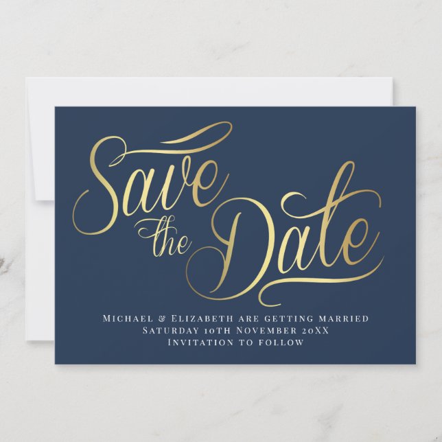 Gold Typo Modern Blue Save The Date Card Einladung (Vorderseite)
