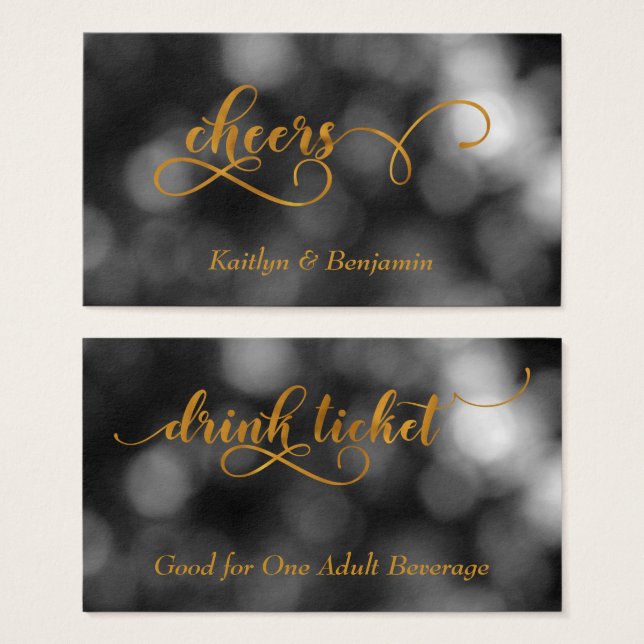 Gold Typografie Black & White Bokeh Drinks Tickets (Vorne & Hinten)