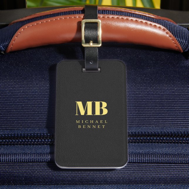 Gold Typografie Elegantes Monogram Black Leather Gepäckanhänger (Vorderseite Insitu 2)