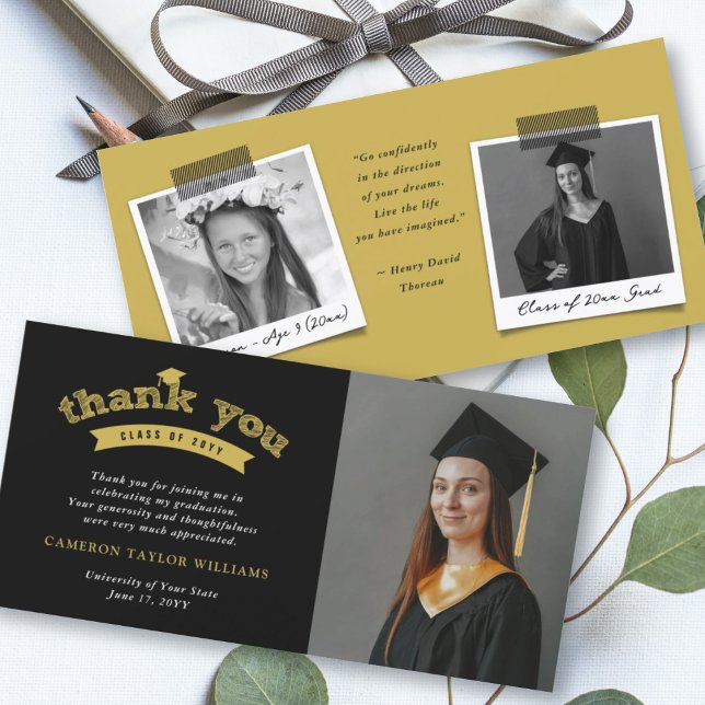 Gold Typografie Fett Sketch Graduation Cap Foto Dankeskarte (Von Creator hochgeladen)